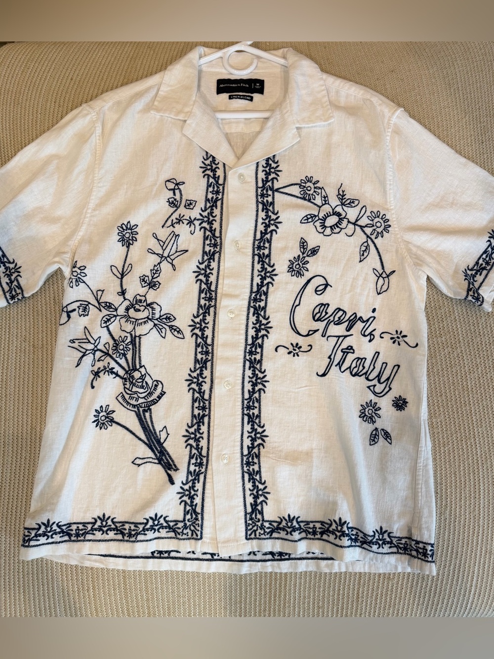 Abercrombie & Fitch White Linen Button-Down with Navy Embroidered Floral Script